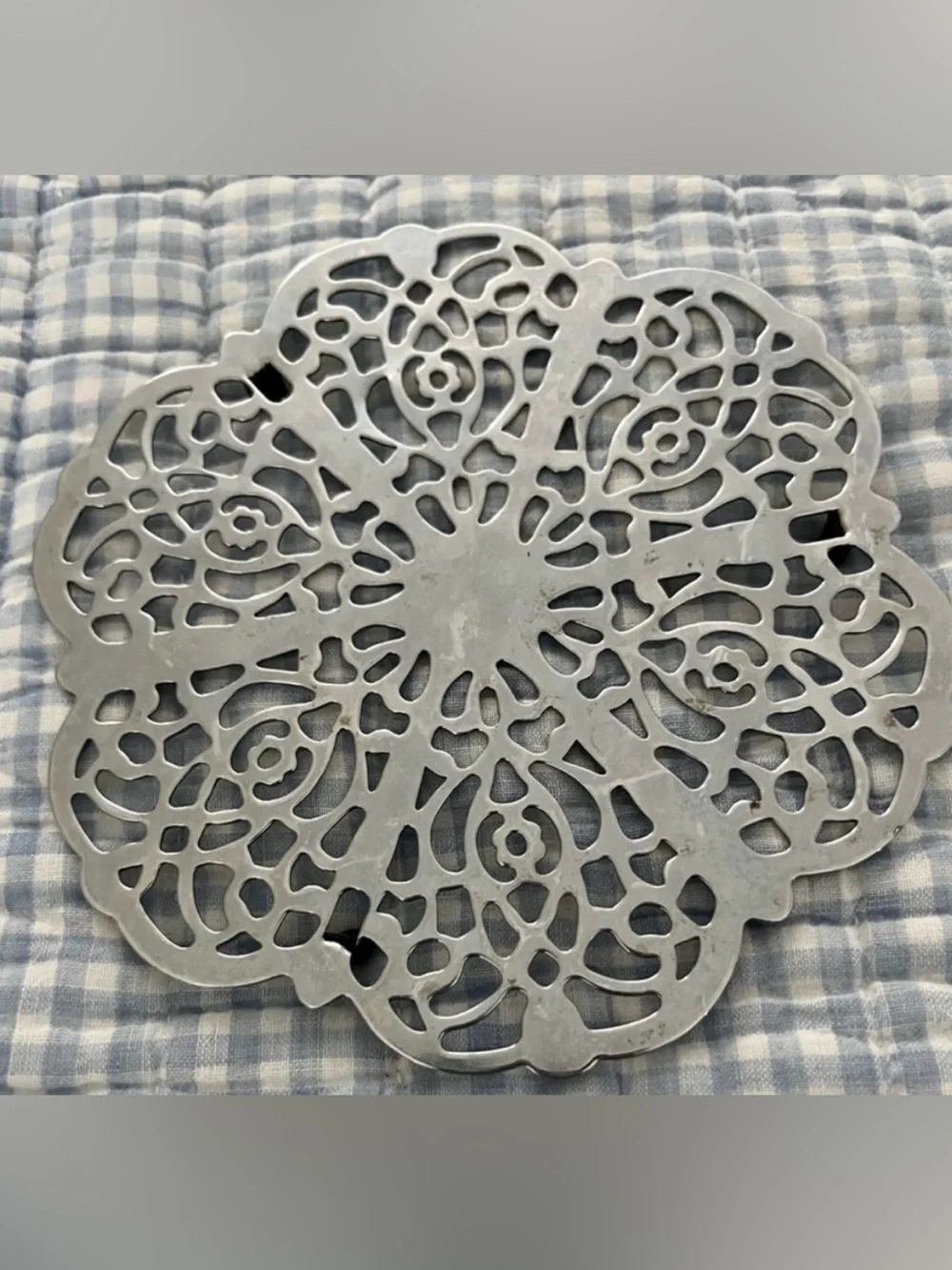 Two Mid-Century Scrollwork Hot Plate Trivets Ornate Silver Retro Filigree Floral